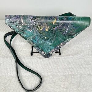 Green Leather Triangle Bag Crossbody Painted Swirl Pattern Snap Closure NWOT